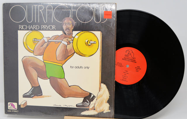 Vinyl record with cover featuring a man lifting weights, labeled 'Outrageous' by Richard Pryor.