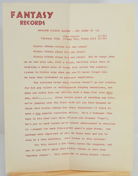 Fantasy Records promotional flyer for Richie Alhona's 'One Desire' single, 1961