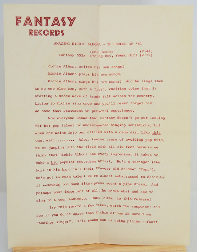 Fantasy Records promotional flyer for Richie Alhona's 'One Desire' single, 1961