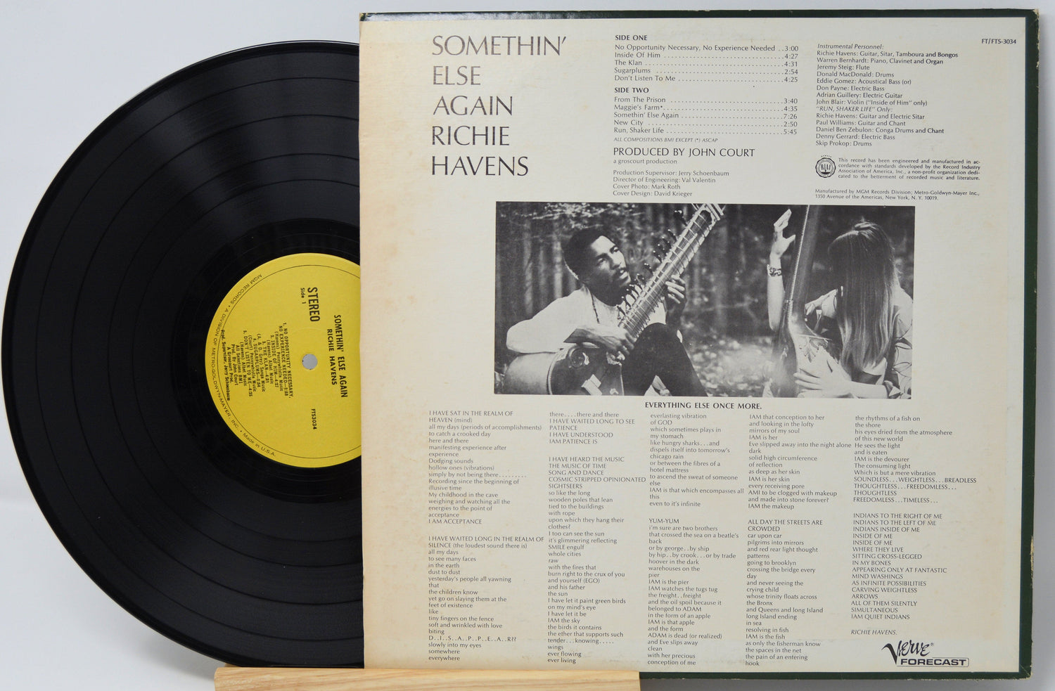 Back cover and record of Richie Havens' Somethin' Else Again vinyl LP with tracklist and album credits