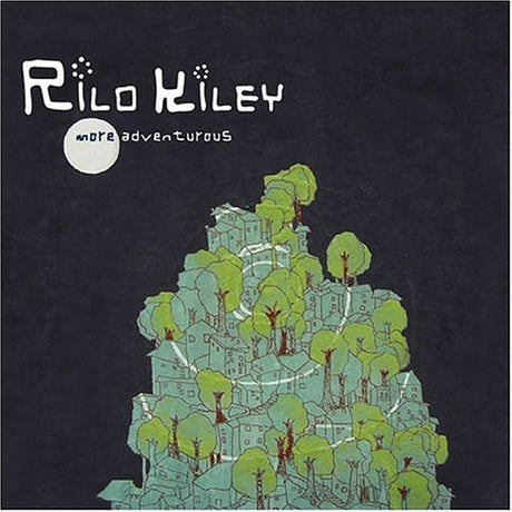 Album cover with 'Rilo Kiley' and 'more adventurous' text, featuring a stylized illustration of a cityscape with trees on a dark background.