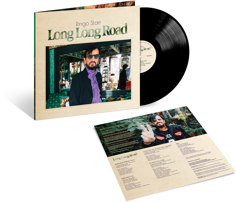 Vinyl record with cover featuring Ringo Starr and 'Long Long Road' text on a white background