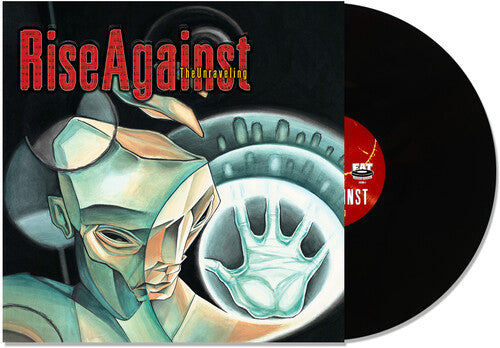 Vinyl record with 'Rise Against' album cover featuring a stylized face and hand.