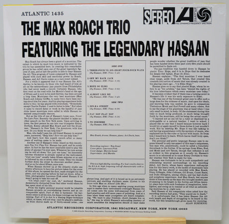 The back cover of a vinyl record sleeve for 'The Max Roach Trio Featuring the Legendary Hasaan' on Atlantic Records, showing tracklist text, biographical copy, and a 'Sereo 45' logo.