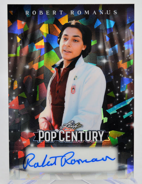 Trading card of Robert Romanus with colorful geometric design and autograph signature.