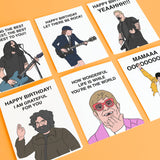 Set of six birthday cards featuring illustrated famous rock musicians with witty musical quotes.