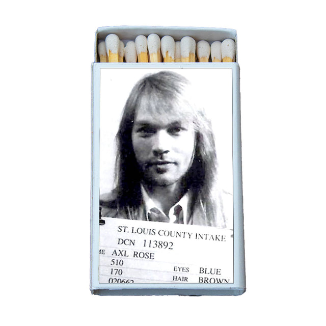 Matchbox featuring a vintage black and white mugshot of a long-haired man