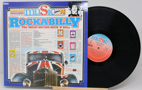 Front cover and vinyl record of Rockabilly: The Great British Rock 'N' Roll album with artwork featuring a classic car