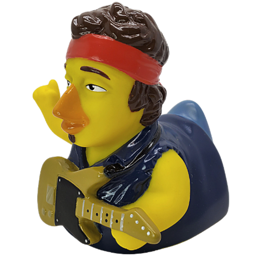 Angled view of rubber duck dressed as a rockstar with guitar