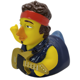 Angled view of rubber duck dressed as a rockstar with guitar