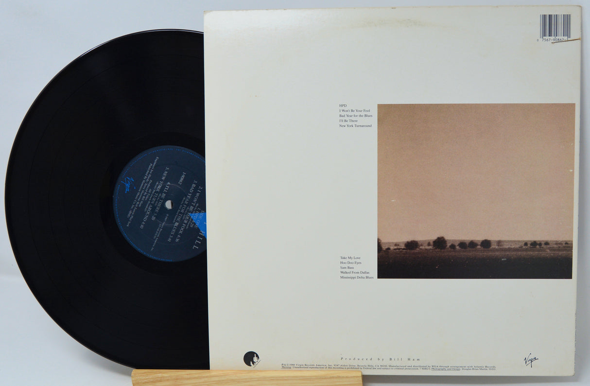 Vinyl record with cover featuring a landscape image on a light gray background