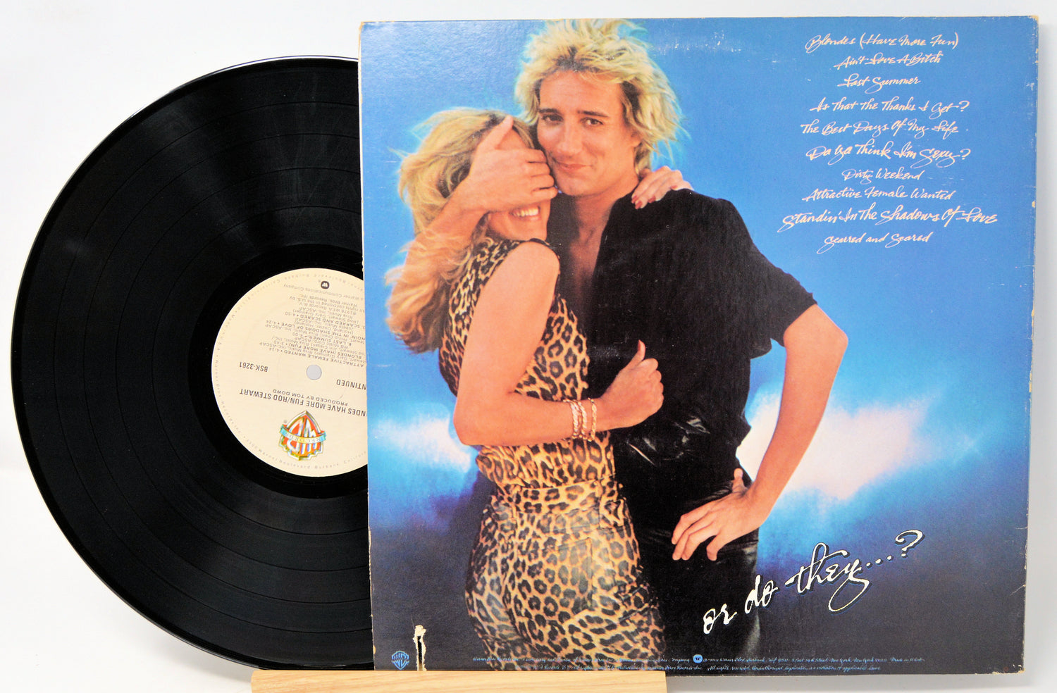 Vinyl record with a cover featuring two people embracing, set against a blue sky.