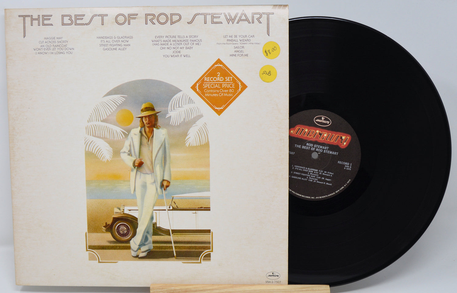 Vinyl record and cover titled 'The Best of Rod Stewart' on a white background