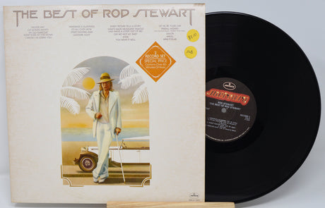 Vinyl record and cover titled 'The Best of Rod Stewart' on a white background
