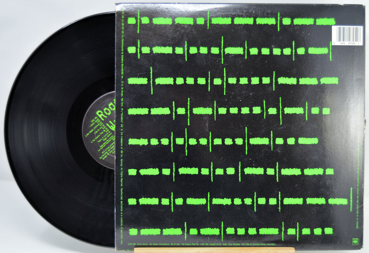 Vinyl record by Roger Waters, titled Radio KAOS with a back cover featuring green text on a white background