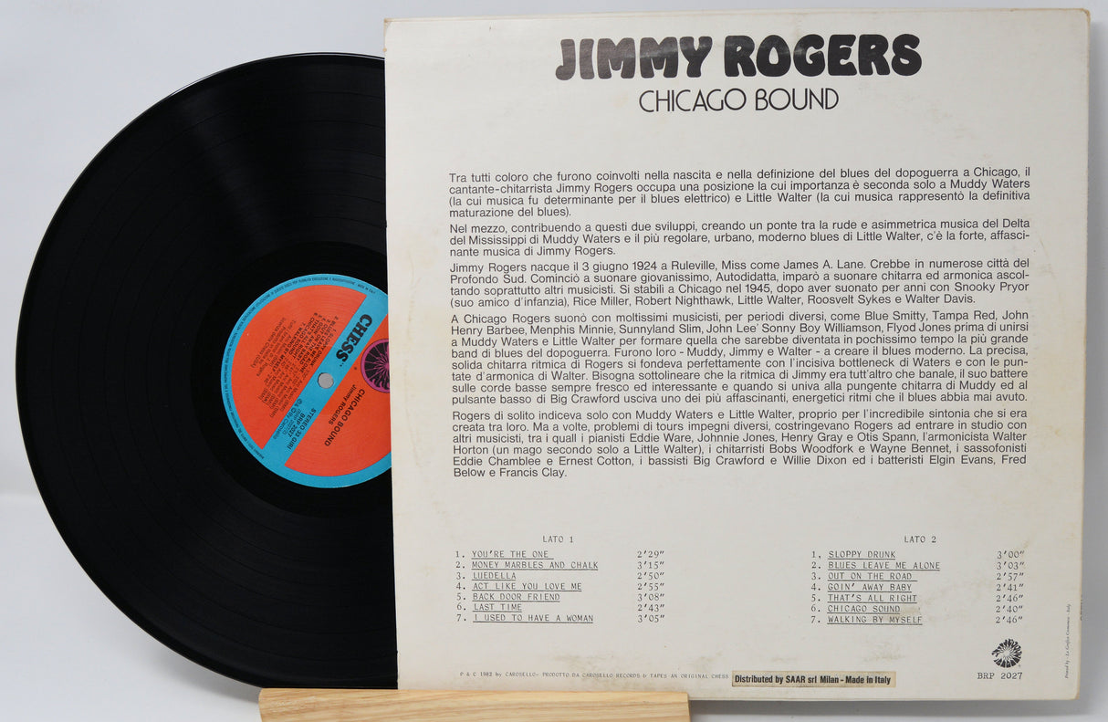 Vinyl record with cover displaying 'Jimmy Rogers Chicago Bound' on a white background