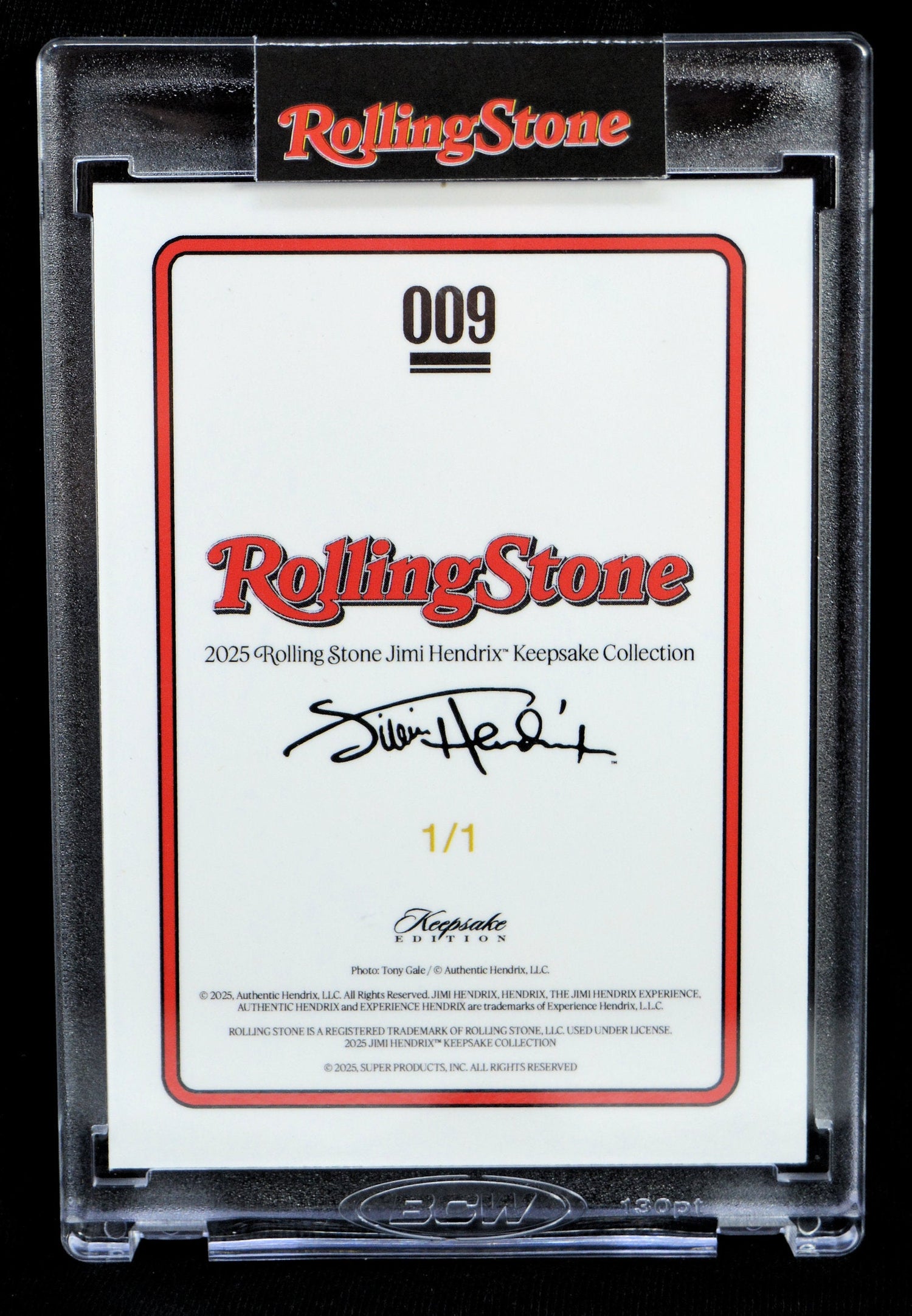 Reverse side of 2025 Rolling Stone Jimi Hendrix Keepsake 1/1 collectible card with signature details