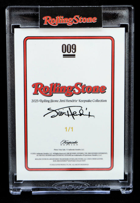Reverse side of 2025 Rolling Stone Jimi Hendrix Keepsake 1/1 collectible card with signature details