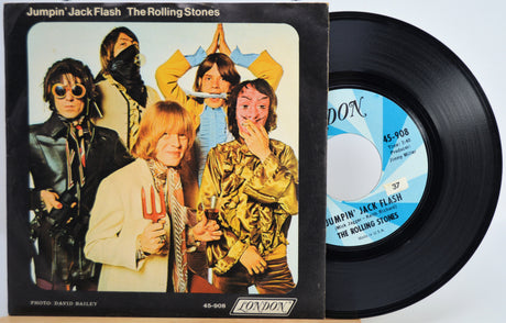 Rolling Stones 'Jumpin Jack Flash' vinyl record with cover featuring band members and London Records label.