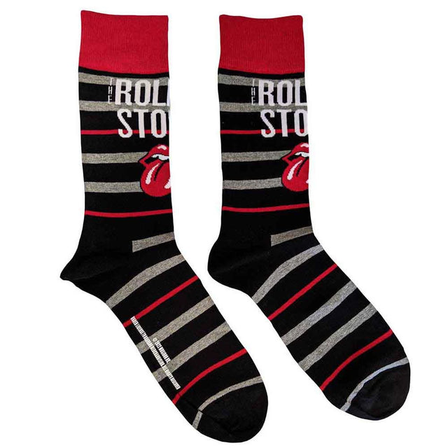 Pair of Rolling Stones socks with black, gray, and red stripes on a white background