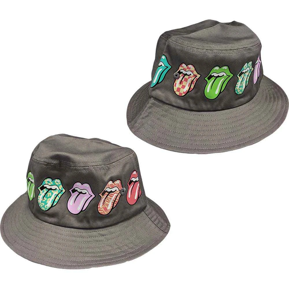 Two bucket hats with Rolling Stones logo designs on a white background