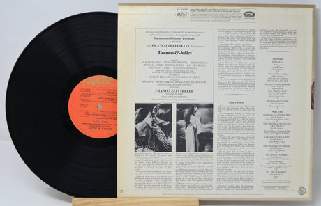Back cover and vinyl record of the 1968 Romeo & Juliet soundtrack LP showing credits and story details