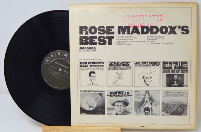 Back cover and record of Rose Maddox's Best vintage vinyl album featuring track list and other Harmony releases
