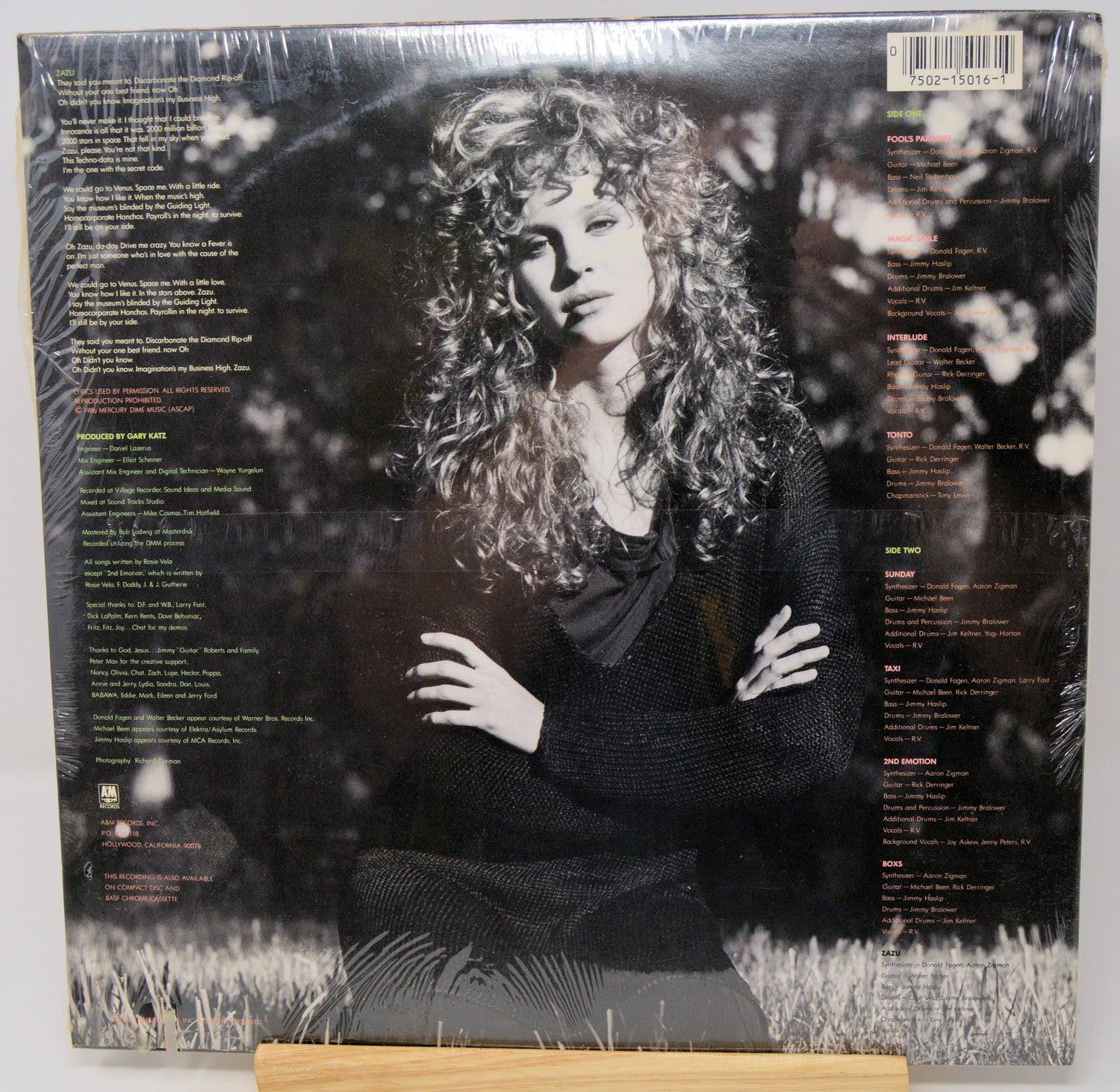 Vinyl record cover with a person sitting in nature, surrounded by text.