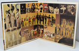 Open book with vintage-style illustrations of people in formal attire on a white background