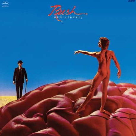 The image features the album cover of "Rush - Hemispheres." It depicts a striking and vibrant artwork with a figure in a hat waving goodbye to a nude, bare-chested figure who appears to be running or dancing.