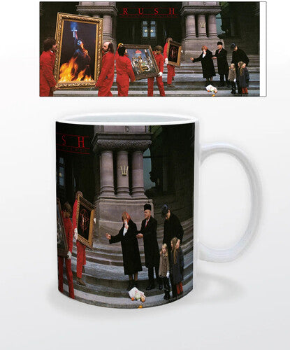 Mug with a design of people in red outfits and others in black, set against a classical architecture background.