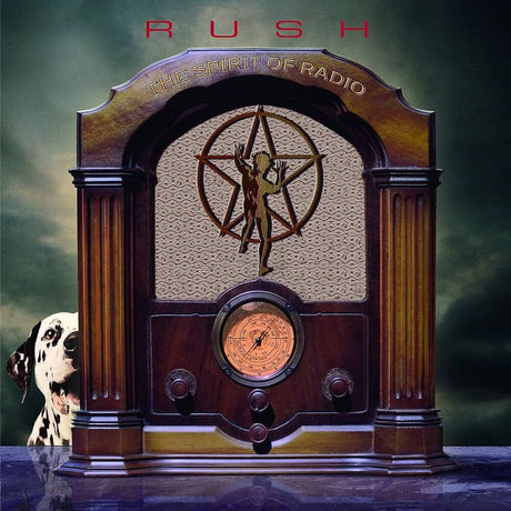 Album cover art for Rush's 'The Spirit of Radio', featuring a large vintage wooden radio with a gold pentagram and figure cutout on the front, a Dalmatian peeking from the lower left, and the band name 'RUSH' in red at the top.