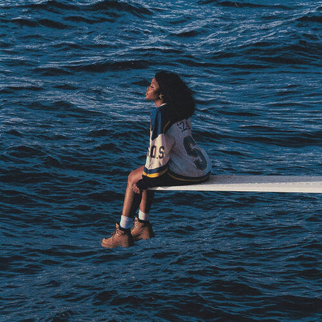 Person sitting on a diving board over a body of water
