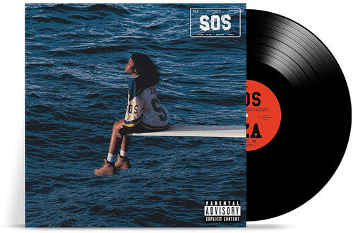 Vinyl record with a cover showing a person sitting on a bench over water, featuring the album 'SOS'.