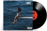 Vinyl record with a cover showing a person sitting on a bench over water, featuring the album 'SOS'.