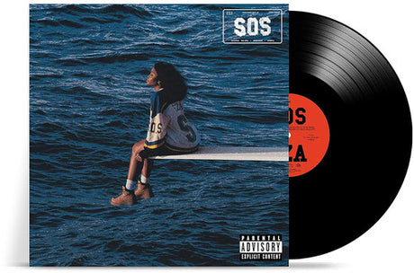 Vinyl record with a cover showing a person sitting on a bench over water, featuring the album 'SOS'.