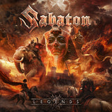 Sabaton Legends album cover featuring a pharaoh, warriors, and mythical creatures in a fiery landscape