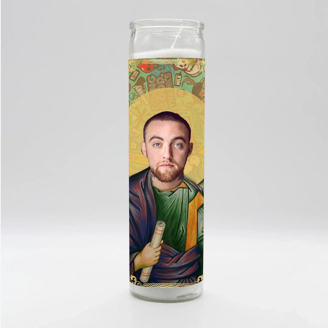 Mac Miller inspired saint prayer candle with illustrated halo and artistic religious robe