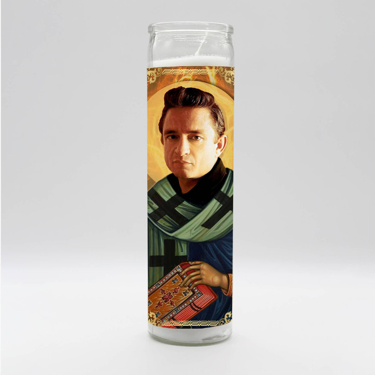 Decorative prayer candle featuring a saintly illustration inspired by Johnny Cash