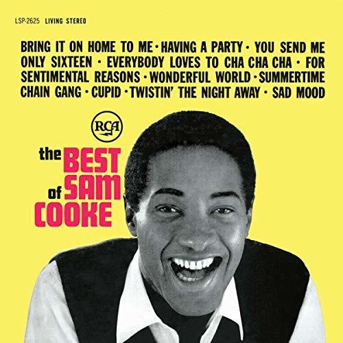 Album cover of 'The Best of Sam Cooke' with a yellow background and black and white photo of Sam Cooke.