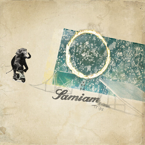 Collage art with an elephant, airplane, and circular light effect on a textured beige background.