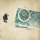 Collage art with an elephant, airplane, and circular light effect on a textured beige background.