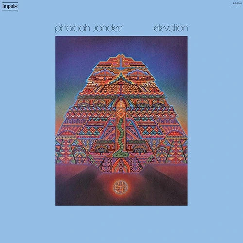 Album cover of 'Elevation' by Pharoah Sanders with a colorful pyramid design on a blue background.