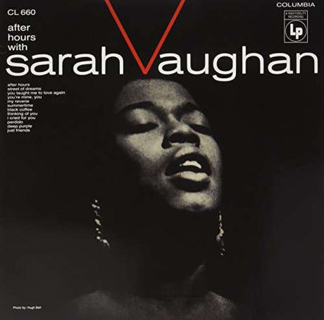 Album cover for 'after hours with sarah v aughn' featuring a dramatic black-and-white portrait of Sarah Vaughan against a black background, with large white title text and a red V-shaped graphic.