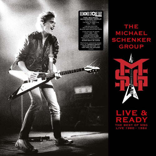 Album cover for 'Live & Ready' by The Michael Schenker Group featuring a black and white photo of a guitarist on stage.