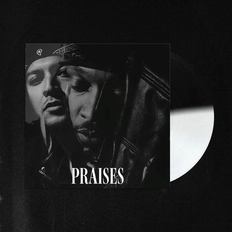 Vinyl record with a black and white portrait of a person and the word 'Praises' on a dark background.