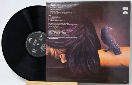 Vinyl record with a stylized cover featuring a person and a bird on a stand.