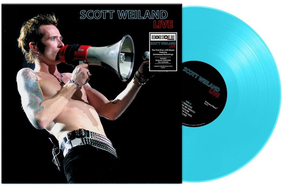 Blue vinyl record with Scott Weiland holding a megaphone and album cover design.