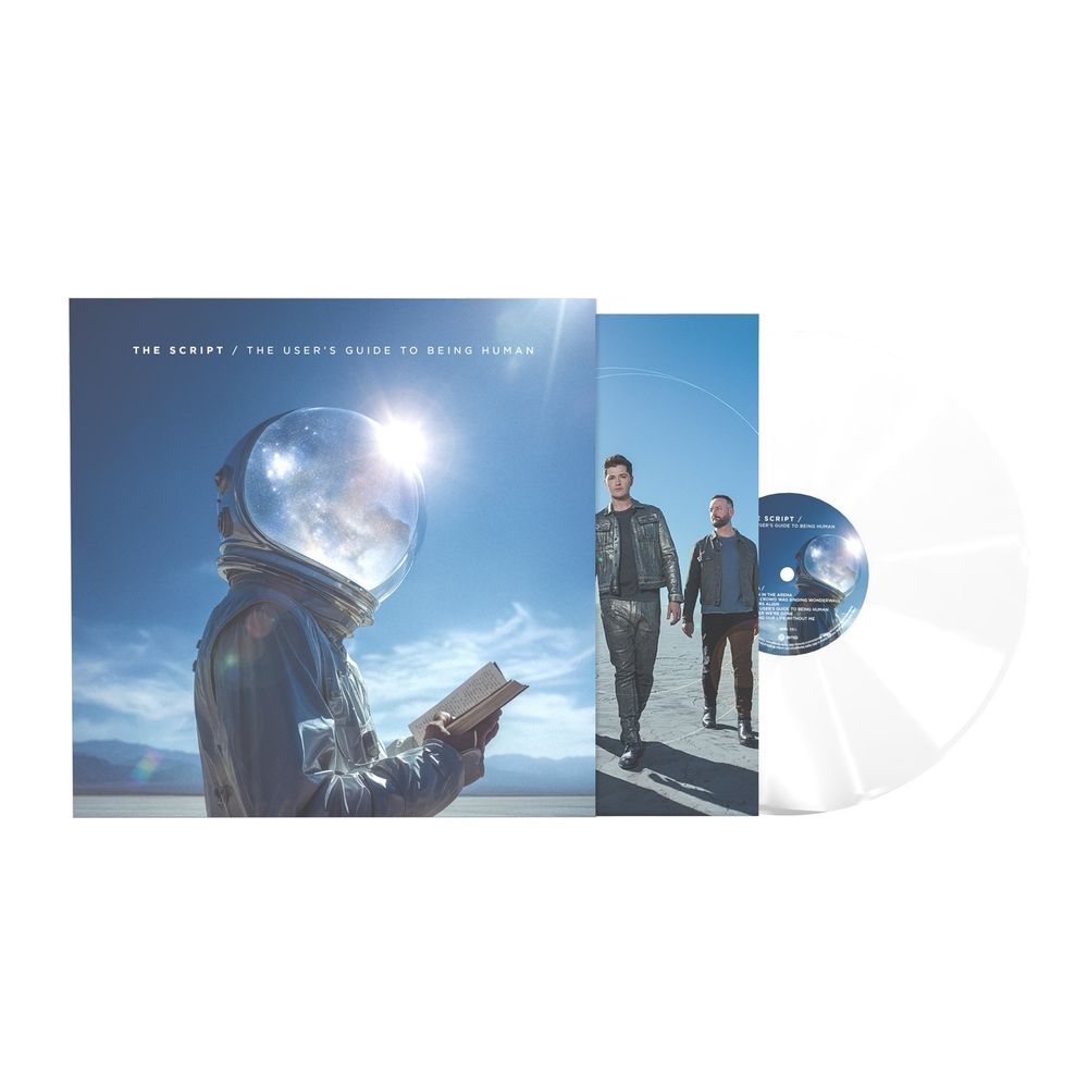 Music album with cover and disc featuring an astronaut and two people on a white background