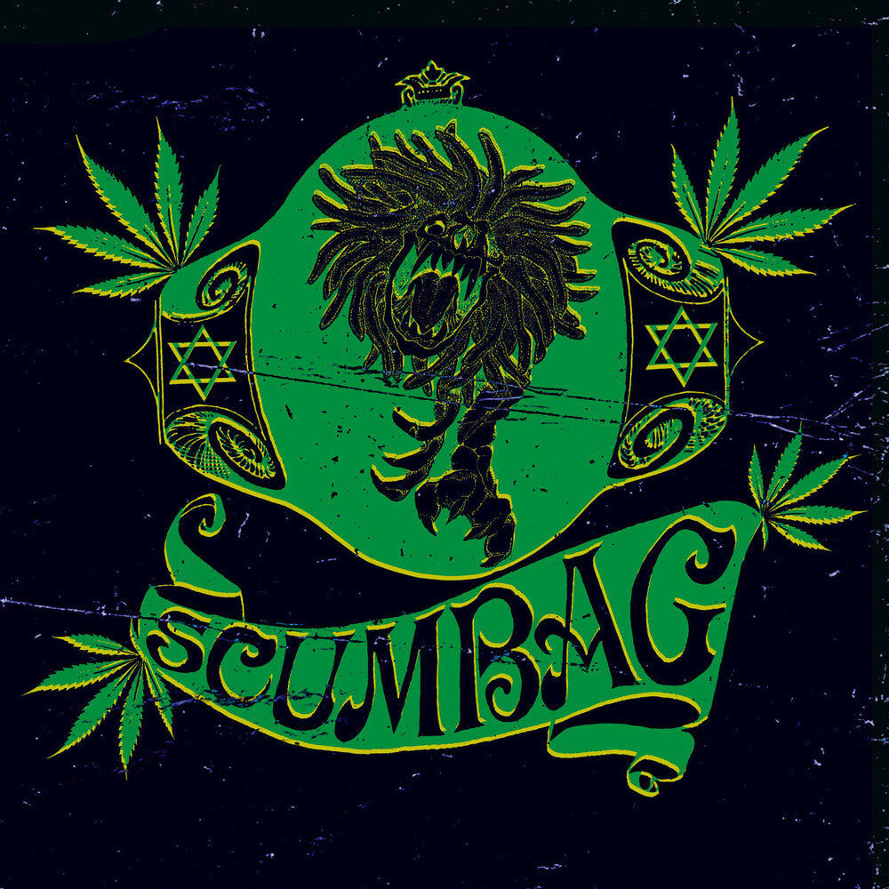 Green and black design with cannabis leaves and text on a dark background